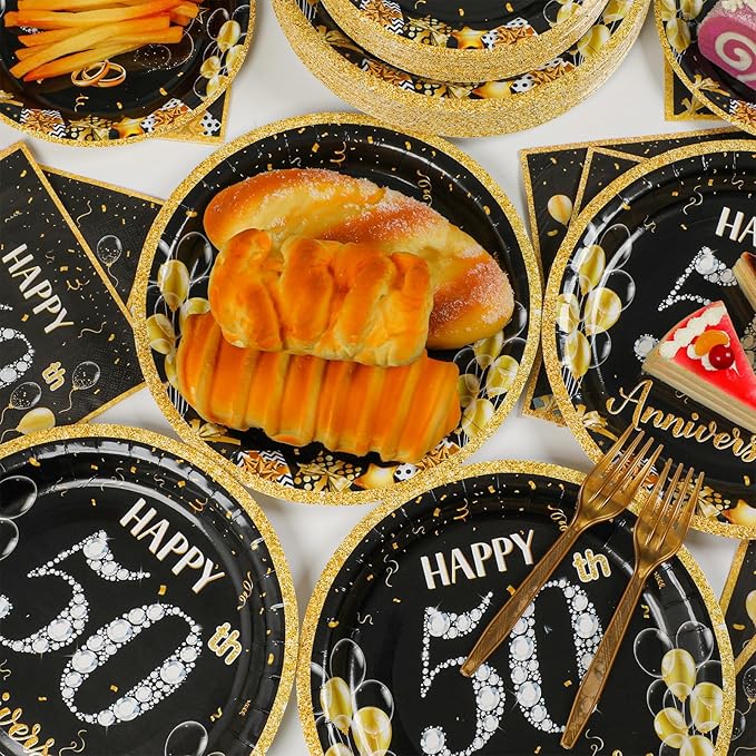 50 Guests 50th Anniversary Plates Napkins Party Supplies Employee Career Wedding Party Decoration Disposable Paper Cake Tableware Sets Party Dinnerware Favors Fiftieth Anniversary, 200PCS