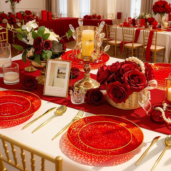 Rubtlamp 60 Pcs Red Plasitc Plates, Gold Red Disposable Plates, Fancy Party Plates, Hammered Plastic plates Include 30 Dessert Platos, 30 Dinner Platos for Party