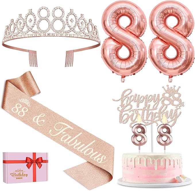 88th Birthday Decorations for Women, Including 88th Birthday Sash and Tiara, Cake Topper and Candles, Number Balloons, 88 Year Old Gifts for Women