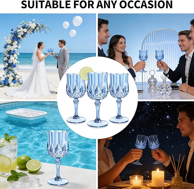 24PCS 7oz Plastic Wine Glasses Drinking Unbreakable Glassware Goblets Cups Blue Water Reusable Vintage Champagne Flutes for Valentine’s Day, Parties, Wedding (24, Blue)