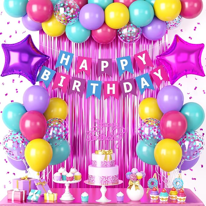 Pink Blue Purple Birthday Party Decorations for Girls Women, Hot Pink and Blue Birthday Decorations with Latex Balloons Happy Birthday Banner Cake Topper Star Foil Balloon Fringe Curtain