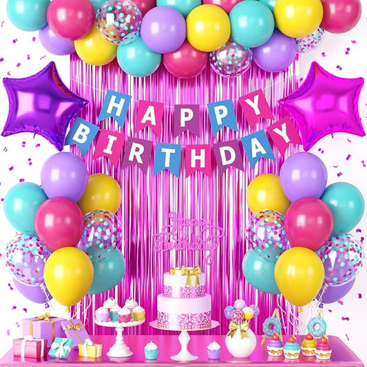 Pink Blue Purple Birthday Party Decorations for Girls Women, Hot Pink and Blue Birthday Decorations with Latex Balloons Happy Birthday Banner Cake Topper Star Foil Balloon Fringe Curtain