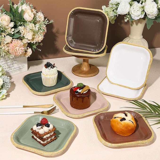 60 Pcs Woodland Green and Brown Paper Plates 7 Inch Gradient Disposable Square Dessert Party Plates with Gold Edge for Birthday Wedding Bridal Baby Shower Party Supplies, 6 Colors