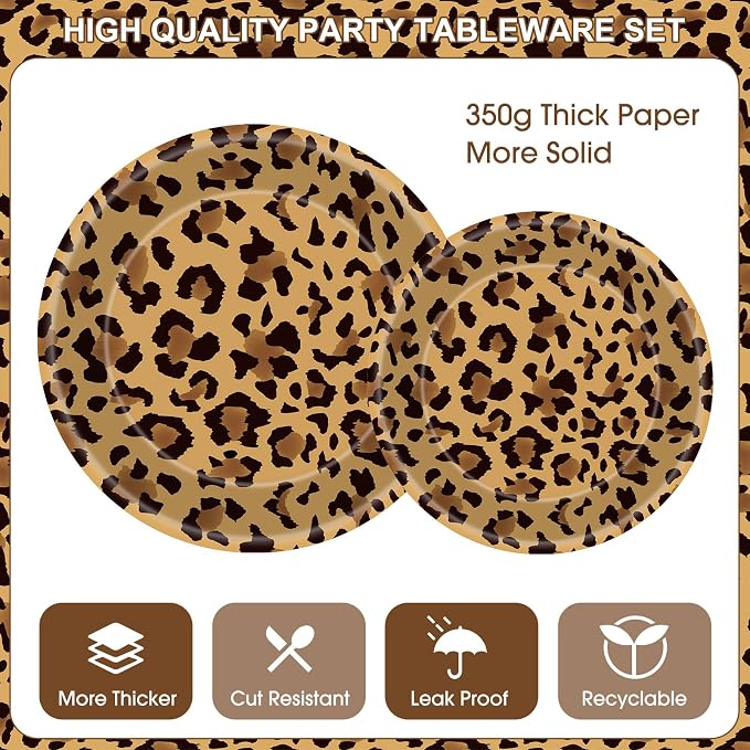 142 Pcs Cheetah Print Birthday Decorations Set - Happy Birthday Banner, Animal Leopard Paper Dinner Plates Napkins Cups, Plastic Tablecloth, Flatware for Cheetah Party Supplies Leopard Birthdays Decor