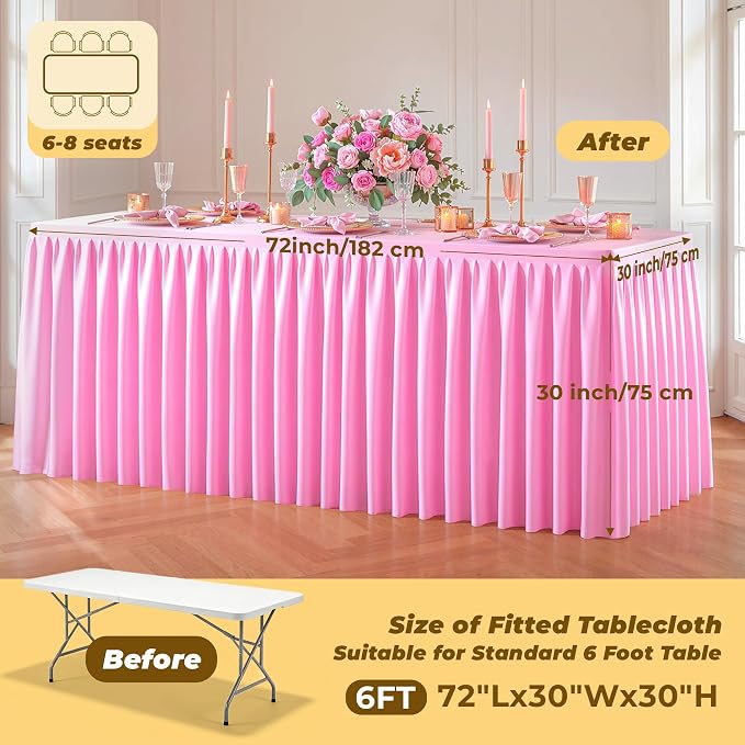 Pink Polyester Table Cloths for Rectangle 6 Foot Tables, 2 Pack Wrinkle Free Tablecloths Stretchy Banquet Ruffle Fitted Table Cover Desk Skirt for Parties Wedding Birthday Baby Shower