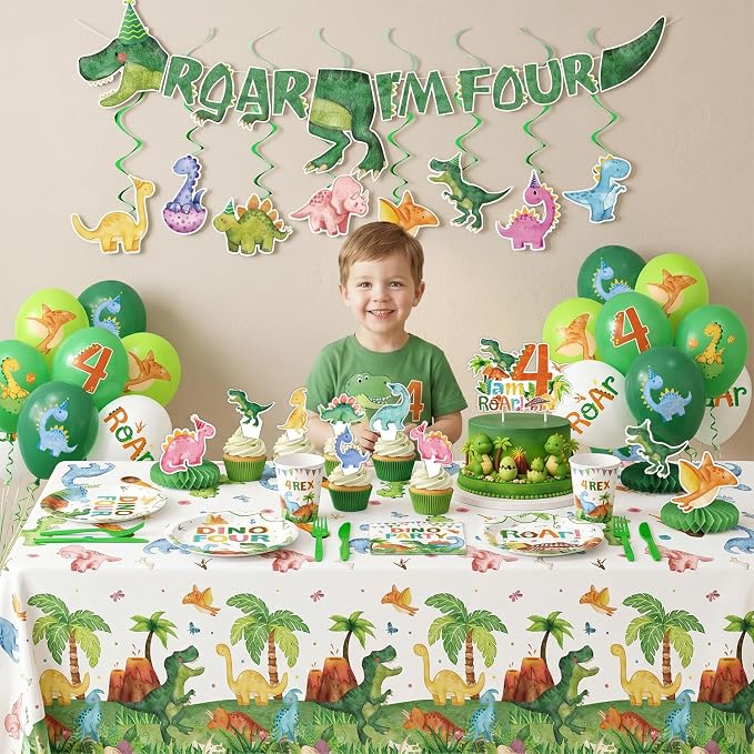 210 Pcs Dinosaur 4th Birthday Party Decorations (Serves 24), Four-Rex Jurassic Dinosaur Birthday Include Banner Hanging Plates Napkins Cups Forks Knifes Tablecloth Topper Balloons for Party