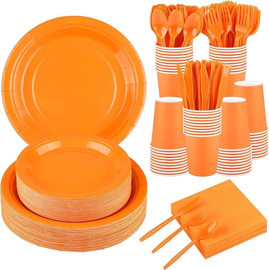 Kochorie 350 Pcs Orange Party Supplies, Disposable Orange Tableware Set with Plates Cups Napkins Forks Knives Spoons for Birthday Wedding Baby Shower Thanksgiving Party Decorations