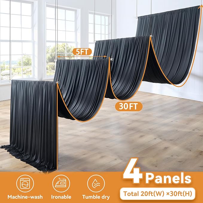 4 Panels 5x30ft Black Ceiling Drapes for Wedding Parties, Wrinkle Free Thick Polyester 30ft Long Canopy Tent Draping Ceiling Curtains Arch Drapery for Birthday Event Venue Decoration