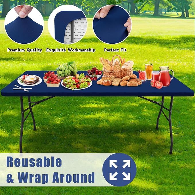 Moosfor Spandex Rectangle Table Cloth 4 Pack, Elastic Fitted Tablecloths for Picnic, Stretch Washable Patio Table Cover for Outdoor, Camping, Banquet and Parties (Navy, 36"x72")