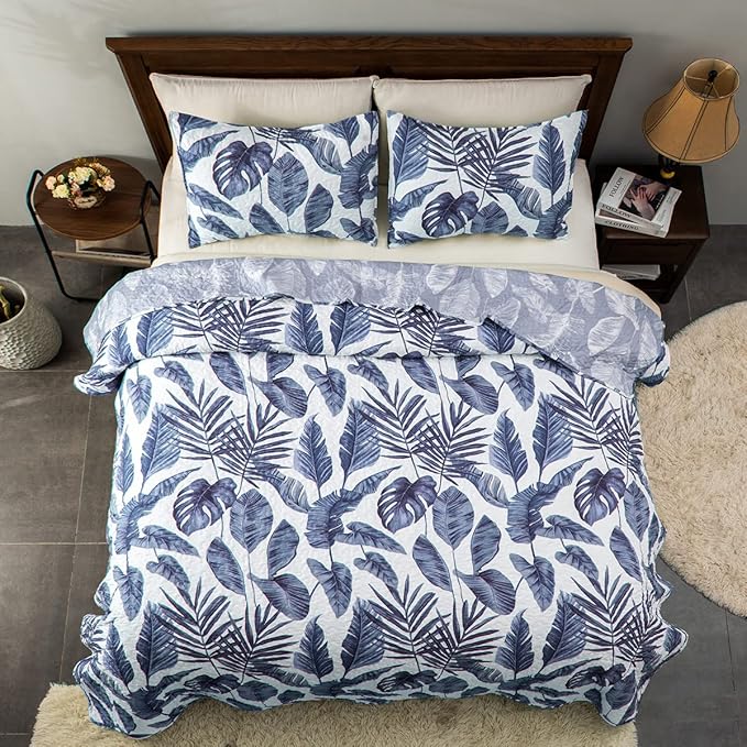 HORIMOTE HOME Tropical Plants Quilt Set Queen Size 3 Pieces, Blue Palm Leaves Rainforest Style Fine Printed Reversible Bedspreads Bedding Sets, Soft and Lightweight Bed Coverlet for All Season