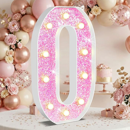 12.6 Inch LED Pink Marquee Light Up Numbers, Sweet Birthday Decorations Number Lights as Gifts for Girls Women, Glitter Lighted Marquee Numbers for Pink Anniversary Party Table Decor, 0