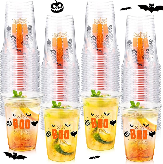 100 Pcs Halloween Plastic Cups Bulk 16 oz Disposable Halloween Boo Party Cups Spooky Clear Plastic Glasses for Trick or Treat Scary Party Supplies Cold Drinks