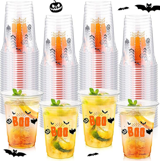 100 Pcs Halloween Plastic Cups Bulk 16 oz Disposable Halloween Boo Party Cups Spooky Clear Plastic Glasses for Trick or Treat Scary Party Supplies Cold Drinks