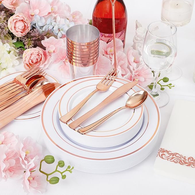 Supernal 200pcs Rose Gold Plastic Dinnerware included Disposable Flatware& Plastic Party Plates Disaposable Cups and Napkins,Perfect for Valentine's Day Mother's Day and Easter