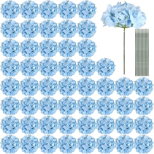 Auihiay 64pcs Blue Hydrangea Artificial Flowers, Artificial Hydrangea Flowers with Stems, Faux Hydrangea Flowers for Wedding Centerpieces, Baby Shower, Birthday Party Decoration