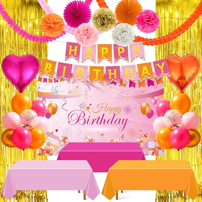 Huwena Pink and Orange Party Decorations Hot Pink and Orange Birthday Decorations with Banner Balloons Garlands Heart Foil Paper Flowers Paper Fans Fringe Curtains Tablecloths Backdrop for Women Girls