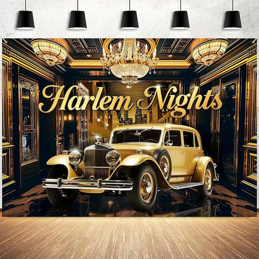 Harlem Nights Backdrop 1920s Vintage Car Photography Background Roaring 1920's Banner Black Gold Vintage Music Themed Speakeasy Decor Banner Portrait Photo Booth Studio Props 10x7ft FU049YL