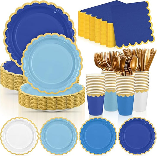 Mimorou 338 Pcs Royal Blue and Gold Party Supplies for 48 Guests, Gradient Blue Scalloped Paper Plates Napkins Cups Gold Cutlery for Ocean Sea Graduation Baby Shower Birthday Wedding Party Decorations