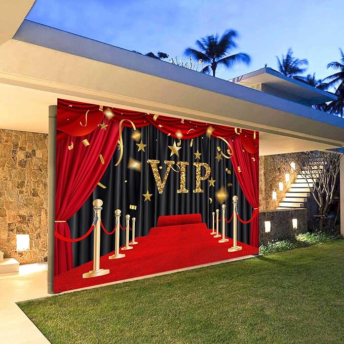 7X16ft VIP Red Carpet Garage Door Decoration Background Glittering with Brilliant Stars Black Gold Stage Backdrop Award Ceremony Movie Studio Props Graduation Wedding Birthday Party Banner Cover