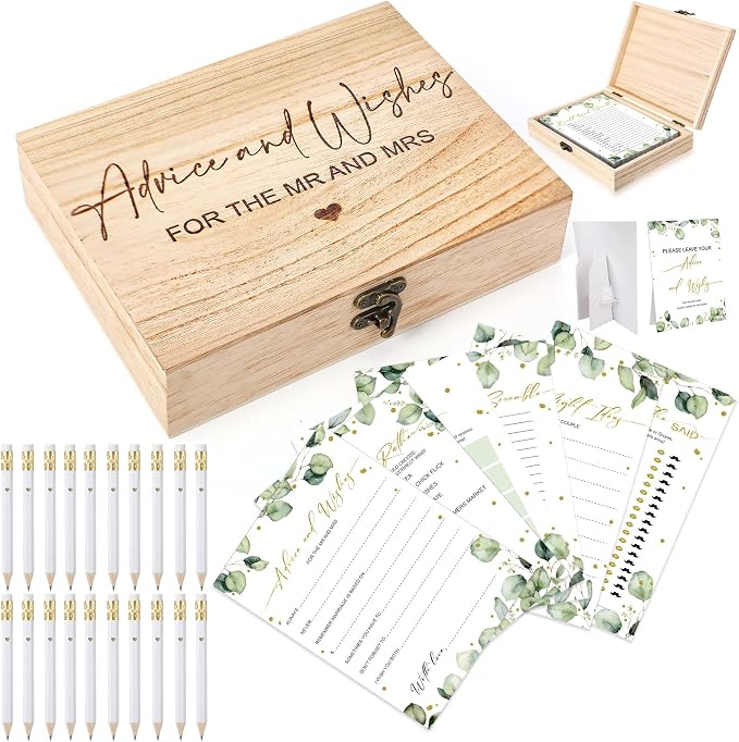 Silipull Bridal Shower Games Set for 50 Guests Includes Bingo, He Said She Said, Scramble, Would She Rather, Advice and Wishes Wedding Games Double Sided with Wooden Box, 20 Pencils (Greenery)
