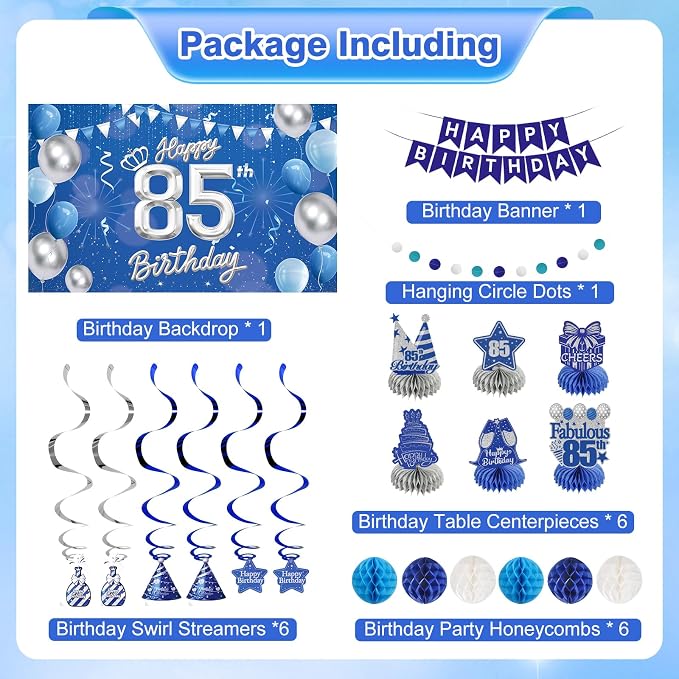 Happy 85th Birthday Party Decoration: Including Birthday Banner Backdrop, Party Table Centerpieces and Hanging Swirl Party Streamers, Birthday Decor for Men and Women (Blue, 85th Birthday)