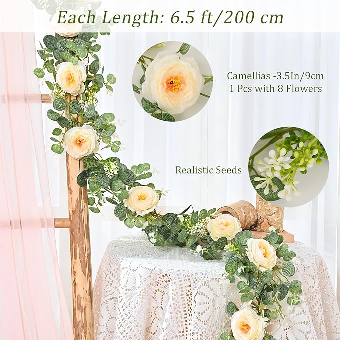 Dolicer 2Pcs 13Ft Artificial Eucalyptus Garlands with Flowers, Faux Floral Greenery Garlands Fake Flowers Vines for Wedding Centerpieces Arch Party Ceremony Backdrop Decor (Champagne)