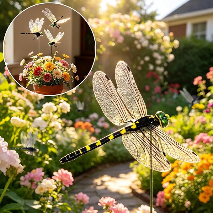 24 Pack 3D Dragonfly Clips, Fake Dragonflies with Stakes, Realistic Plastic Dragonfly Garden Decorations, Fly Deterrent Clips for Hats, Pets, Horses, Deer, Yard, Patio, Indoor & Outdoor Decor