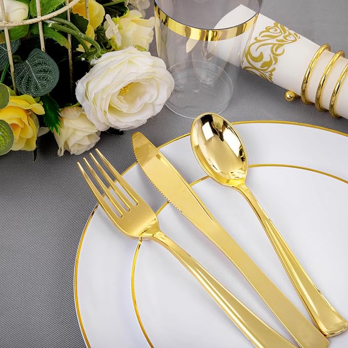 Supernal 350Pcs Elegant White and Gold Plastic Dinnerware Set for Wedding | Heavy duty disposable plates with gold plastic silverware, cups, and napkins. Premium tableware pack serves 50 guests.
