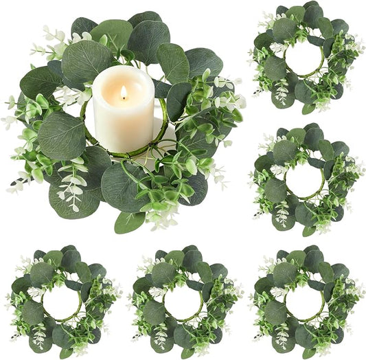6 Pack Artificial Eucalyptus Candle Rings Wreaths with Burlap Bow, 4.3 Inch Mini Wreaths for Pillar Candles, Window & Chair Decor, Greenery Candle Rings for Wedding Centerpieces, Home Decor