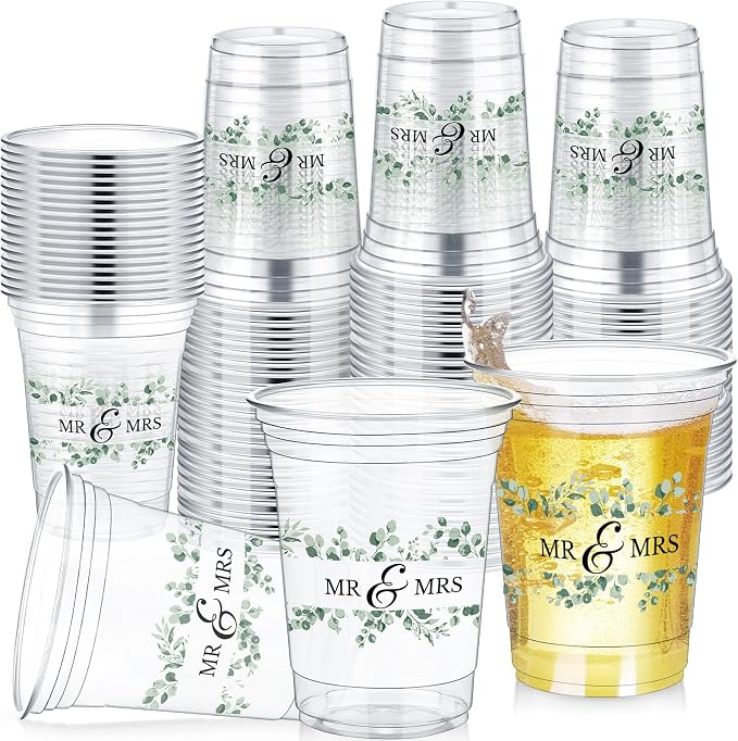 Jingmore 100 Pcs Wedding Plastic Cup 12 oz Wedding Disposable Cups for Reception Thick Clear Cup Happily Ever After Mr and Mrs Just Married Cups for Bridal Shower Decorations (Green Floral)