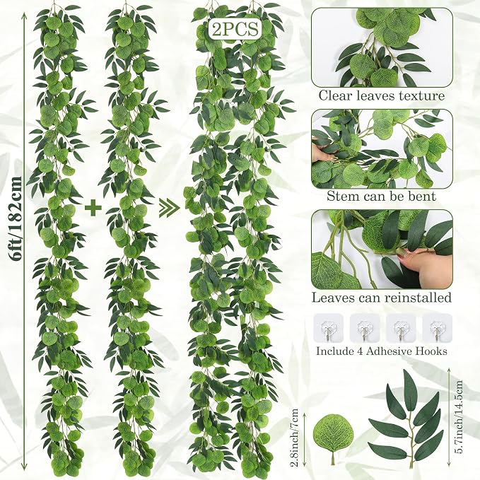 RECUTMS Artificial Eucalyptus Vine Garland with Willow Leaves 2Pcs 6Ft Fake Hanging Silk Greenery Faux Ivy Plant for Indoor Outdoor Home Wedding Arch Party Table Porch Summer Decor(Dark Green)