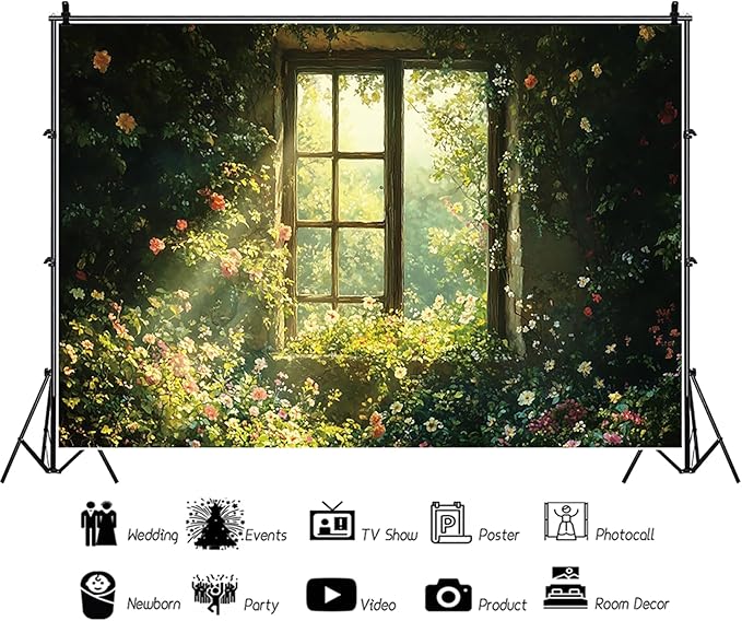 Baocicco 10x8ft Spring Window Photography Backdrops Sunshine Oil Painting Flowers Background Cloth for Marriage Valentines Mothers Day Engagement Party Decoration Photo Props Background Supplies