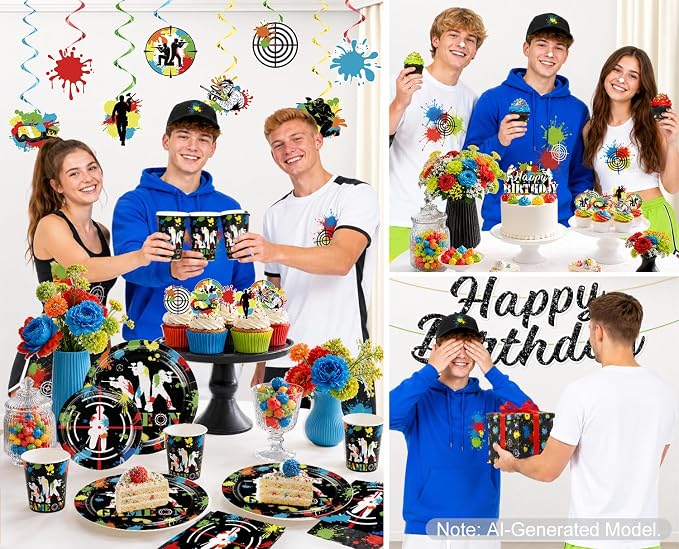 Paintball Birthday Party Decorations for 25 Guests, 219PCS All-in-One Colorful Paint Splash Shooting Game Theme Party Supplies Set with Plates, Balloons, Banner, Cake Topper, and Tablecloths