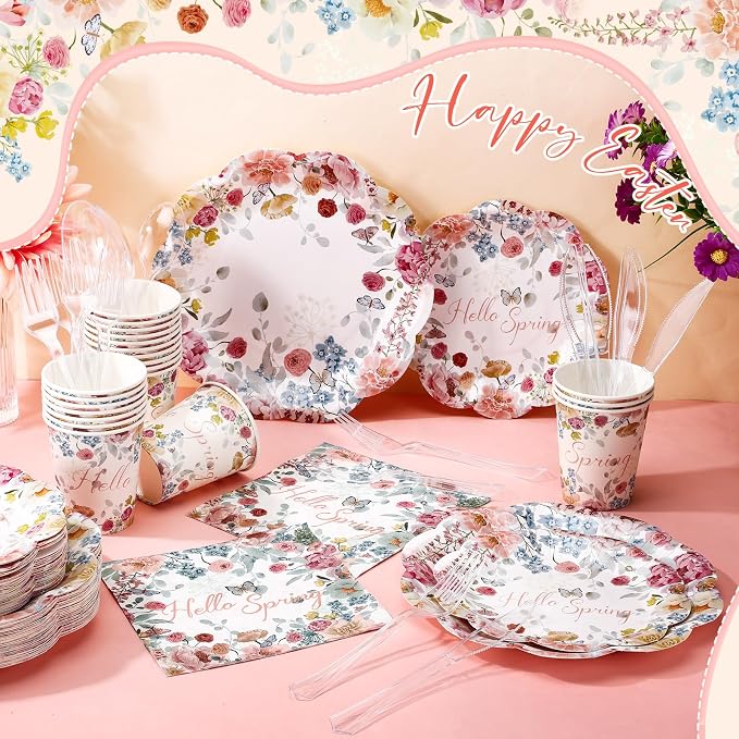 Havawish 350 Pcs Spring Mother Day Party Supplies Hello Spring Disposable Wildflower Plates and Napkins Tableware Sets Serves 50 Guests for Baby Shower Birthday Wedding Party Decorations