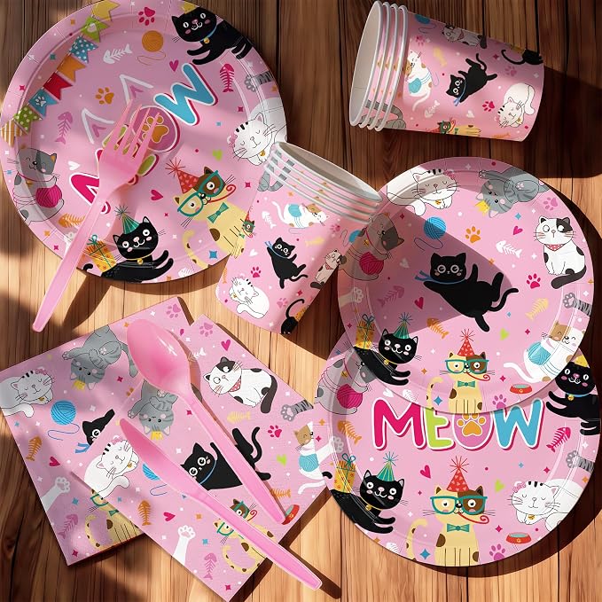 168PCS Cat Party Supplies Carts Themed Birthday Party Decorations Cute Meow Paper Plates Cups Napkins Forks Knives Spoons Tableware for BBQ Picnic Serves 24 Guests