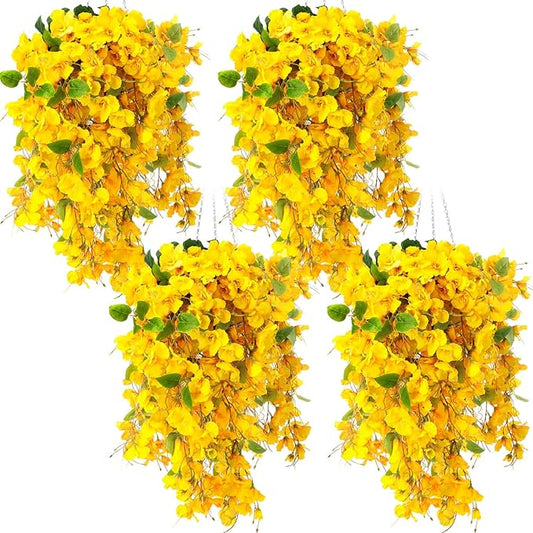 XunYee 4 Pcs Artificial Hibiscus Flowers for Outdoors Spring Summer Decor Fake Hanging Flowers Plants Uv-Resistant Faux Hibiscus Flower for Outside Porch Patio Front Door (Yellow)