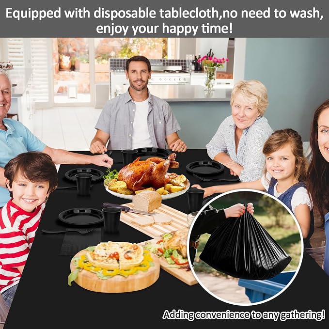 Black Plastic Plates for Party,30 Guest Disposable Plastic Plate Set 9" Plates,7" Dessert Plates,Napkins,Cups,Forks & Tablecloth for Birthday,Halloween,Christmas,Graduations