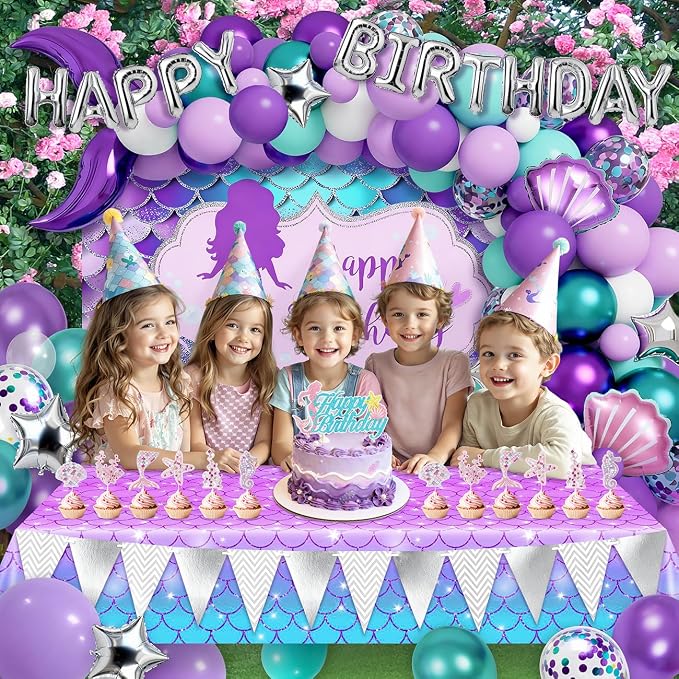 Mermaid Birthday Party Decorations Supplies Includes Banner, Backdrop, Foil & Latex Balloons, Tablecloth, Foil Fringe Curtain, Cake & Cupcake Toppers for Girls Women Under The Sea Theme Party