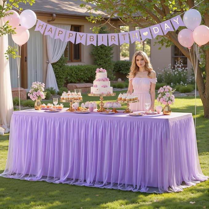 Suppromo 2 Pack 8ft Lavender Tulle Tablecloths for Rectangle Tables 8 Foot Rectangular Table Cloth Wrinkle Free Tablecover with Tutu Skirt for Wedding Baby Shower Birthday Party Banquet Buffet Cake