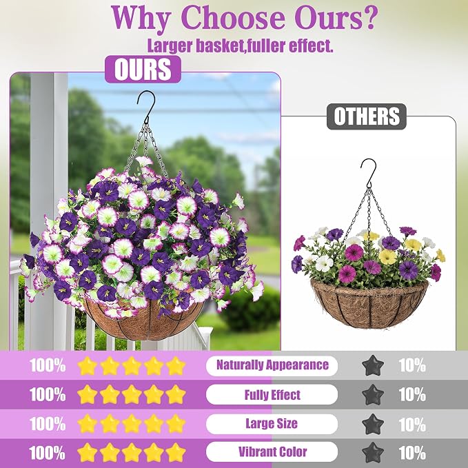 Artificial Flowers for Outdoors with Baskets Hanging Plant Faux Flowers UV Resistant Fake Silk Morning Glory with Eucalyptus for Planter Porch Garden Home Spring Summer Decoration(Gradient Purple)