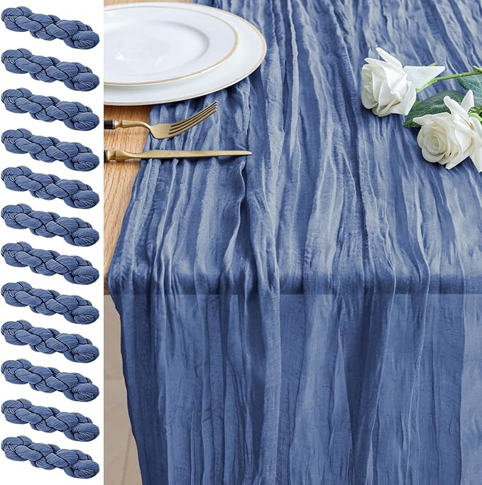 12PCS Table Runner Cheesecloth 10FT Blue Boho Gauze Cheese Cloth Rustic Sheer Table Runners for Wedding Birthday Bridal Baby Shower Party Decoration