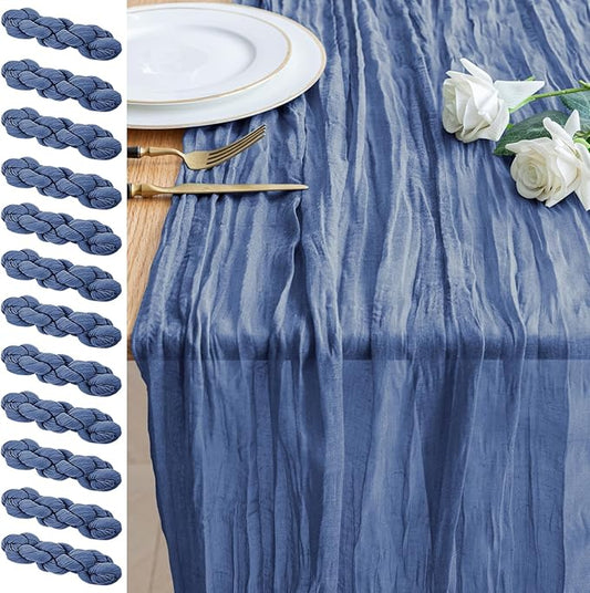 12PCS Table Runner Cheesecloth 10FT Blue Boho Gauze Cheese Cloth Rustic Sheer Table Runners for Wedding Birthday Bridal Baby Shower Party Decoration