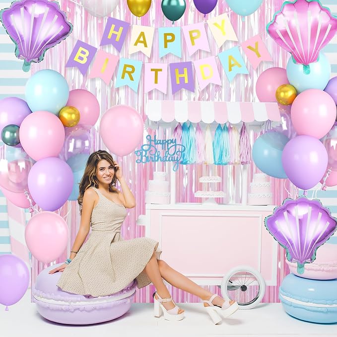 Mermaid Birthday Decorations for Girls, Pink Purple Blue Balloons with 'HAPPY BIRTHDAY' Banner Cake Topper Shells Foil Balloon Pink Fringe Curtain for Girls Women Mermaid Party Decorations