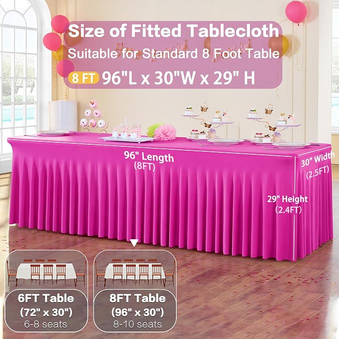 6 Pack Hot Pink Spandex Tablecloth for 8 Foot Rectangle Tables, Wrinkle Free Fitted Table Cloth Cover 8FT Fuchsia Stretchy Tablecloths Desk Skirt for Parties Weddings Birthday Banquet Baby Shower