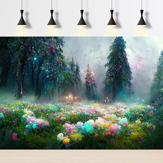 Fantasy Forest Backdrop Evening Light Magic Field Photography Background Abstract Deep Jungle Rainforest Landscape Backdrop Decors Misty Foggy Night Meadow Lush Flowers Background Props 6x4ft
