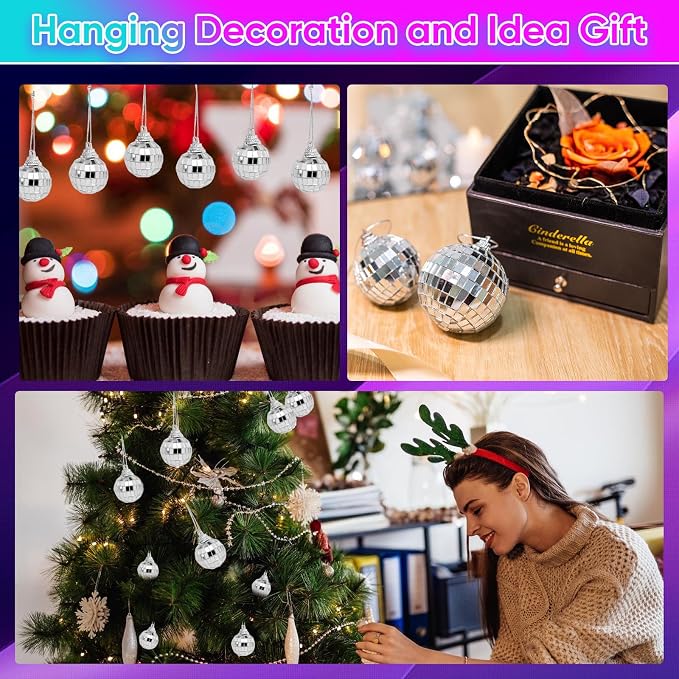 Mini Mirror Disco Ball Ornaments: Hanging Disco Ball Silver Party Decorations Set 60 Pack - Small Mirror Balls Decor for Wedding Christmas Birthday Cake Topper (1.2 Inch)