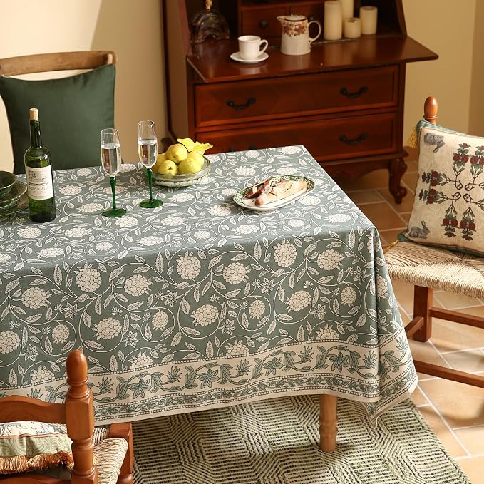 ISAENNE Designer Linen Green Rectangular Long Tablecloth,118"x67"-Andrew A | Vintage Elegant French Table Cloth Rectangle Table,Floral Pattern,Heavyweight,Dining Room,Tea Party,Kitchen,Thanksgiving