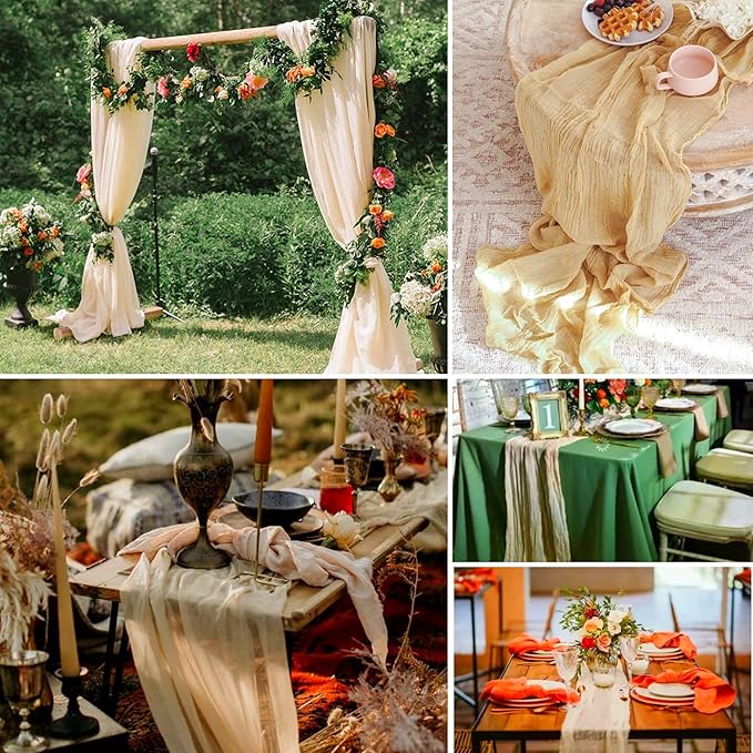 15 Pack Beige Cheesecloth Table Runner 10Ft Rustic Gauze Cheese Cloth Table Runner 35 x120 Inch Romantic Boho Table Runners for Wedding Birthday Party Bridal Baby Shower Engagement Banquet Table Décor
