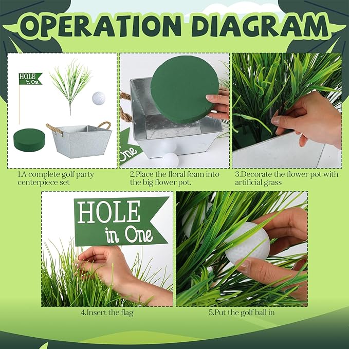 LemonRoad Large Golf Party Table Decorations Kit Includes 1 Square Iron Bucket 6 Mini Golf 15 Artificial Grass and Flags Centerpiece for Birthday Sport Themed Party Desk Supplies Rugby Favors