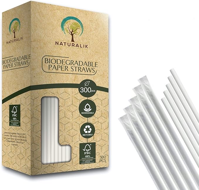 Naturalik 300-Pack Individually Wrapped Paper Straws - 100% Biodegradable Dye-Free Premium White Bulk Drinking Straws for Juices, Smoothies, Restaurant (Regular 7.7")